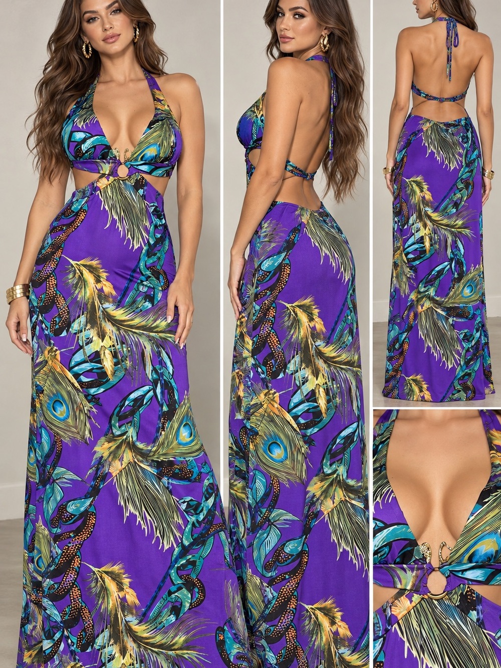 Purple Feather-Print Halter Maxi Dress